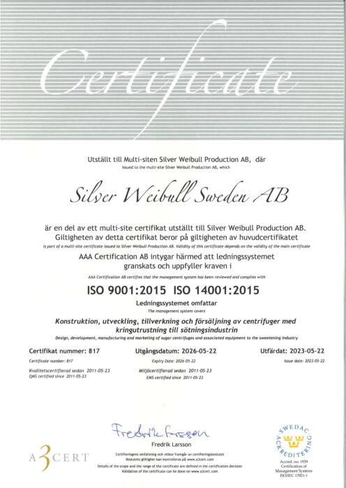 Certifikat ISO 9001 14001 SWS 2023